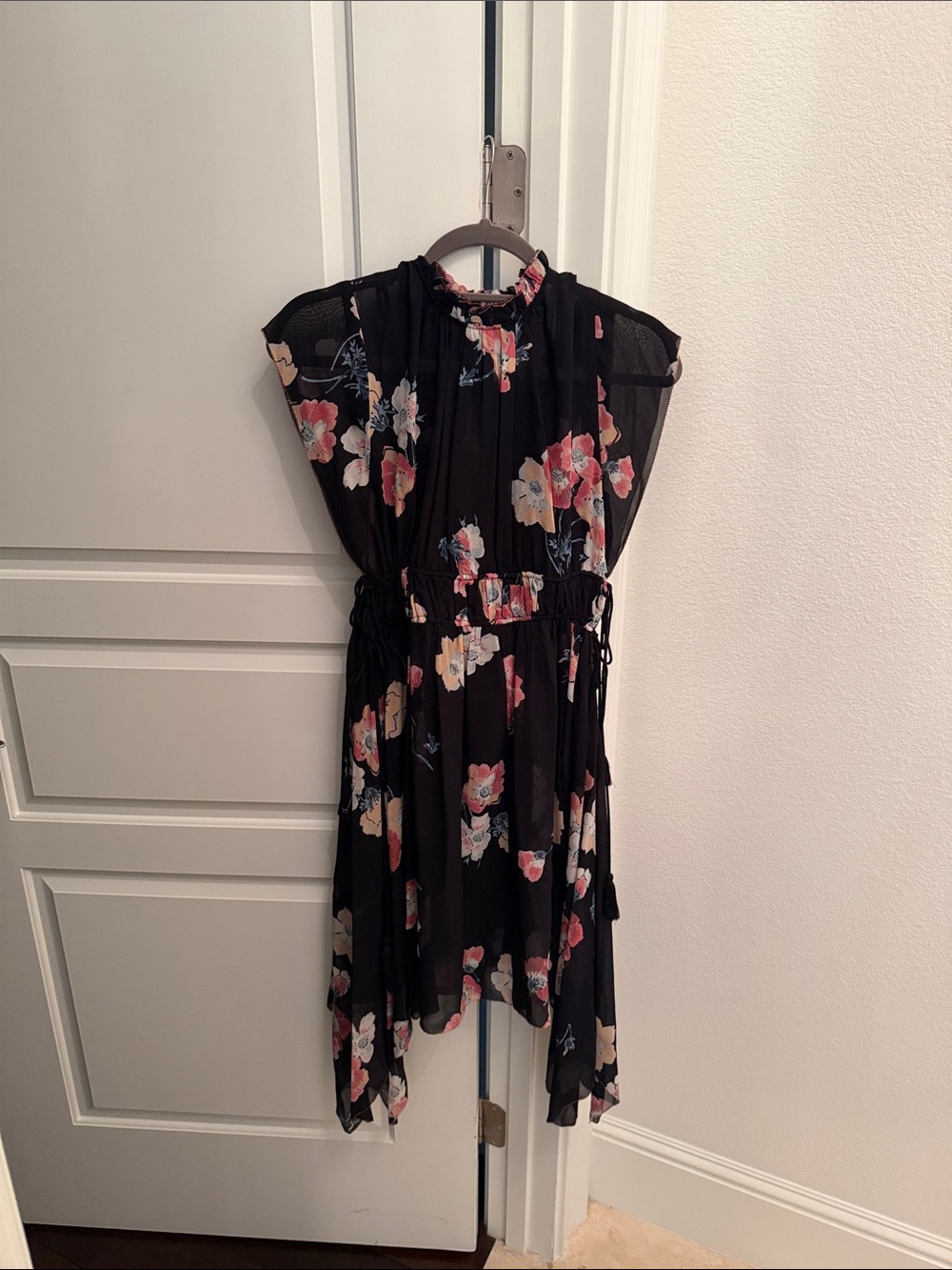 Ulla Johnson Black Floral Ruffled Neck Tie-Waist Dress